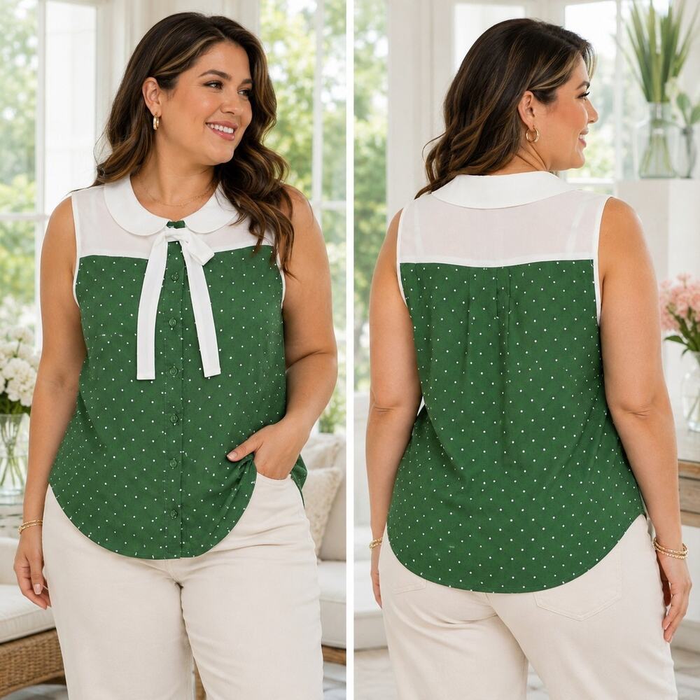 Tulip B Womens X-Large Green Polka Dot Peter Pan Collar Tie Neck Blouse NWT